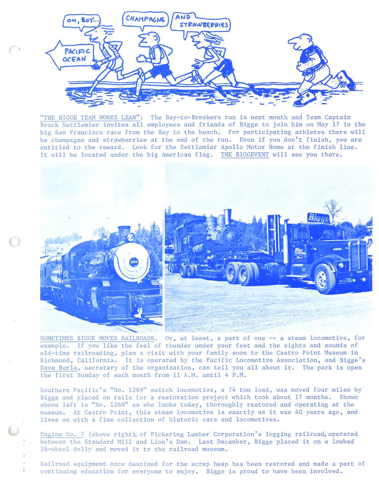 The BiggEvent, April 1981: the Bay-to-Breakers invite cartoon above 'Sometimes Bigge Moves Railroads' and the restored steam locomotive move