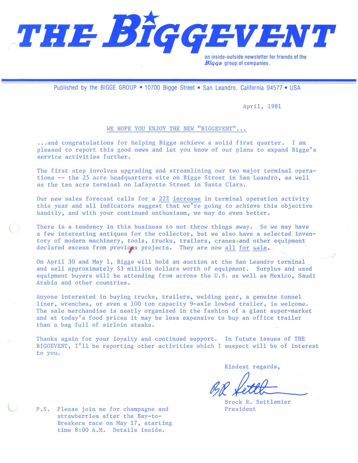 The BiggEvent, April 1981: masthead and Brock Settlemier's front-page letter announcing the San Leandro equipment auction